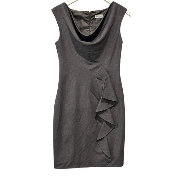 Calvin Klein Size 4 Cowl Neck Ruffle Sheath Dress Gray Boardroom Office Siren - Picture 1 of 12